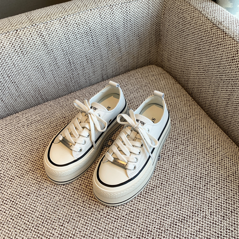 Women's Thick-Soled Genuine Leather Sneakers - Versatile College Style Casual Lace-Up Sports Shoes in White - 2025 Trend