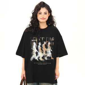 Women’s Vintage Blurry Portrait Print Short Sleeve T-Shirt - Summer Round Neck Loose Fit Couples Tee - 90s Inspired Fashion
